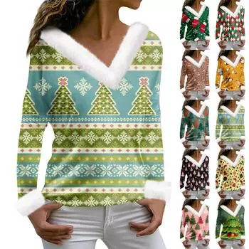 Женская футболка с рождественским принтом, футболка с длинным рукавом, флисовый воротник, топ с V-образным вырезом XXXL