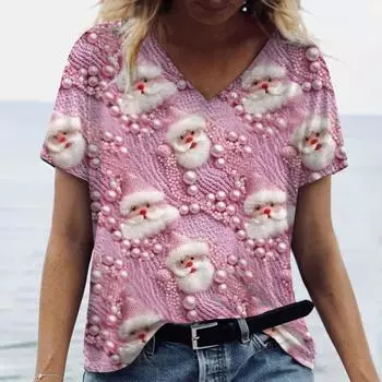 Женская футболка с рождественским принтом и v-образным вырезом, большие футболки с короткими рукавами, женская повседневная одежда, уличный пуловер в стиле Харадзюку, топ 4XL