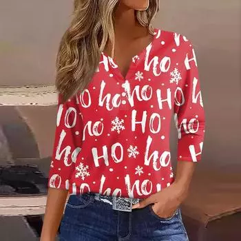 Женская футболка с рождественским принтом, на пуговицах, рукав 3/4, повседневная мода на выходные, базовый топ с V-образным вырезом M