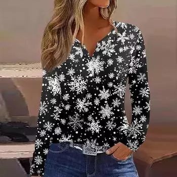 Женская футболка с рождественским принтом на пуговицах с длинным рукавом, повседневная, выходного дня, модная, базовая, с V-образным вырезом, обычная L