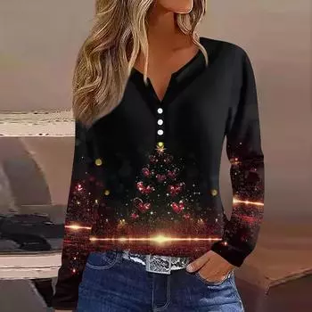 Женская футболка с рождественским принтом на пуговицах с длинным рукавом, повседневная, выходного дня, модная, базовая, с V-образным вырезом, обычная L