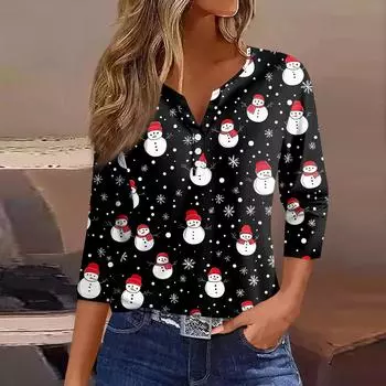 Женская футболка с рождественским принтом, на пуговицах, рукав 3/4, повседневная, выходного дня, модная, базовая, с V-образным вырезом, стандартный топ L