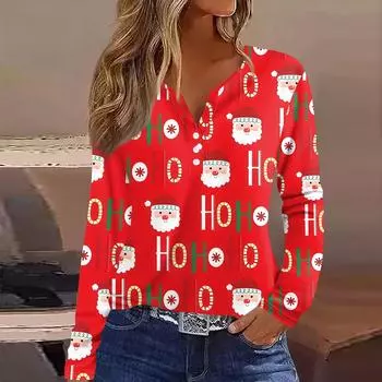 Женская футболка с рождественским принтом на пуговицах с длинным рукавом, повседневная, выходного дня, модная, базовая, с V-образным вырезом, обычная XL