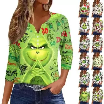 Женская футболка с рождественским принтом, на пуговицах, рукав 3/4, повседневная мода на выходные, базовый топ с V-образным вырезом XXL