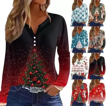 Женская футболка с рождественским принтом на пуговицах с длинным рукавом, повседневная, выходного дня, модная, базовая, с V-образным вырезом, обычная S
