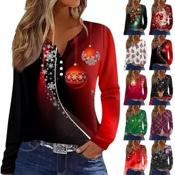 Женская футболка с рождественским принтом на пуговицах с длинным рукавом, повседневная, выходного дня, модная, базовая, с V-образным вырезом, обычная M