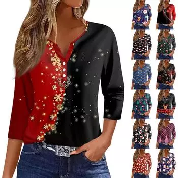 Женская футболка с рождественским принтом, на пуговицах, рукав 3/4, повседневная мода на выходные, базовый топ с V-образным вырезом M