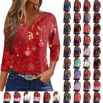 Женская футболка с рождественским принтом, на пуговицах, рукав 3/4, повседневная, выходного дня, модная, базовая, с V-образным вырезом, стандартный топ L темно-фиолетового