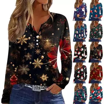 Женская футболка с рождественским принтом на пуговицах с длинным рукавом, повседневная, выходного дня, модная, базовая, с V-образным вырезом, обычная XXXL синий
