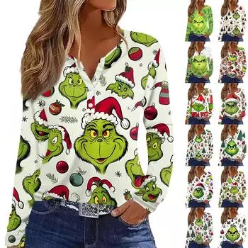 Женская футболка с рождественским принтом на пуговицах с длинным рукавом, повседневная, выходного дня, модная, базовая, с V-образным вырезом, обычная XL бежевый