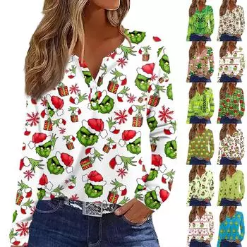 Женская футболка с рождественским принтом на пуговицах с длинным рукавом, повседневная, выходного дня, модная, базовая, с V-образным вырезом, обычная M красный
