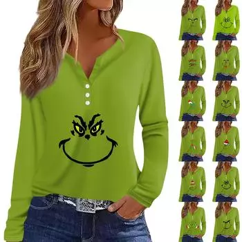 Женская футболка с рождественским принтом на пуговицах с длинным рукавом, повседневная, выходного дня, модная, базовая, с V-образным вырезом, обычная XXL