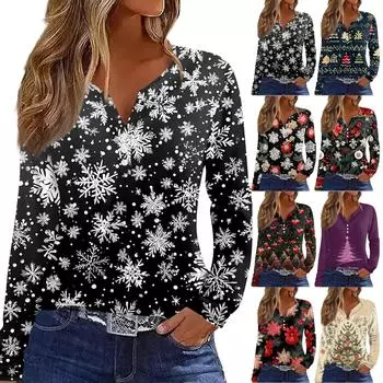 Женская футболка с рождественским принтом на пуговицах с длинным рукавом, повседневная, выходного дня, модная, базовая, с V-образным вырезом, обычная L