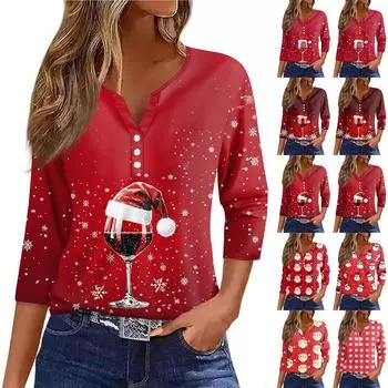 Женская футболка с рождественским принтом, на пуговицах, рукав 3/4, повседневная мода на выходные, базовый топ с V-образным вырезом M белый