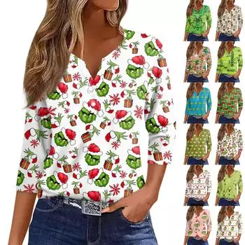 Женская футболка с рождественским принтом, на пуговицах, рукав 3/4, повседневная мода на выходные, базовый топ с V-образным вырезом M