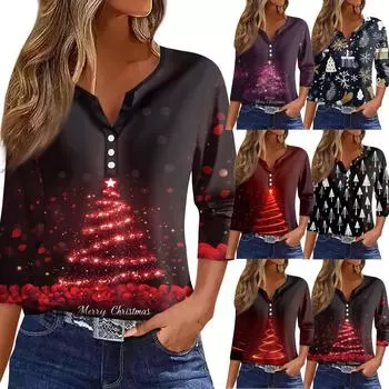 Женская футболка с рождественским принтом, на пуговицах, рукав 3/4, повседневная, выходного дня, модная, базовая, с V-образным вырезом, стандартный топ XXXL винный