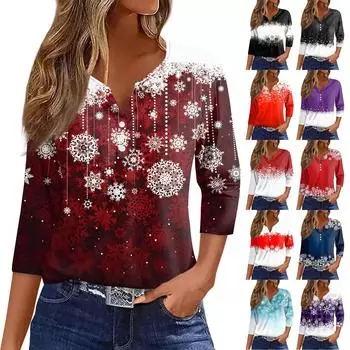 Женская футболка с рождественским принтом, на пуговицах, рукав 3/4, повседневная мода на выходные, базовый топ с V-образным вырезом L винный