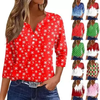 Женская футболка с рождественским принтом, на пуговицах, рукав 3/4, повседневная мода на выходные, базовый топ с V-образным вырезом XXXL зелёный