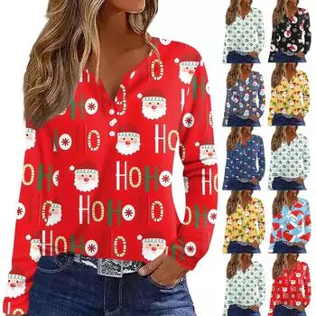 Женская футболка с рождественским принтом на пуговицах с длинным рукавом, повседневная, выходного дня, модная, базовая, с V-образным вырезом, обычная XXXL чёрный