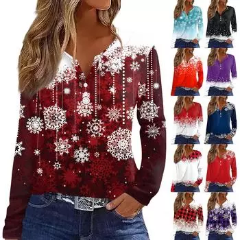 Женская футболка с рождественским принтом на пуговицах с длинным рукавом, повседневная, выходного дня, модная, базовая, с V-образным вырезом, обычная XXXL чёрный