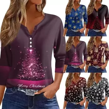 Женская футболка с рождественским принтом, на пуговицах, рукав 3/4, повседневная, выходного дня, модная, базовая, с V-образным вырезом, стандартный топ M золотой