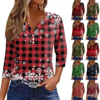 Женская футболка с рождественским принтом, на пуговицах, рукав 3/4, повседневная мода на выходные, базовый топ с V-образным вырезом S кофейный