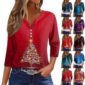 Женская футболка с рождественским принтом, на пуговицах, рукав 3/4, повседневная мода на выходные, базовый топ с V-образным вырезом M