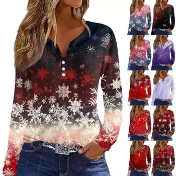 Женская футболка с рождественским принтом на пуговицах с длинным рукавом, повседневная, выходного дня, модная, базовая, с V-образным вырезом, обычная XL