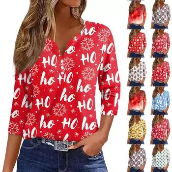Женская футболка с рождественским принтом, на пуговицах, рукав 3/4, повседневная мода на выходные, базовый топ с V-образным вырезом M синий