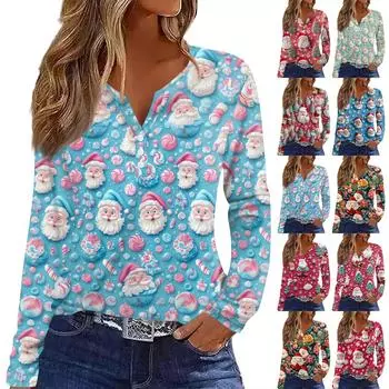 Женская футболка с рождественским принтом на пуговицах с длинным рукавом, повседневная, выходного дня, модная, базовая, с V-образным вырезом, обычная M