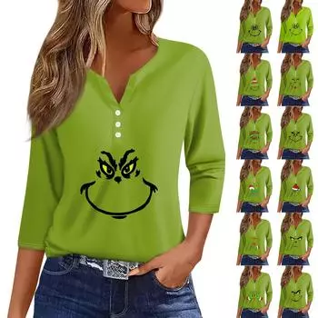 Женская футболка с рождественским принтом, на пуговицах, рукав 3/4, повседневная мода на выходные, базовый топ с V-образным вырезом XL