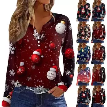 Женская футболка с рождественским принтом на пуговицах с длинным рукавом, повседневная, выходного дня, модная, базовая, с V-образным вырезом, обычная XXL