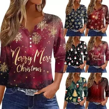 Женская футболка с рождественским принтом, на пуговицах, рукав 3/4, повседневная, выходного дня, модная, базовая, с V-образным вырезом, стандартный топ XL чёрный