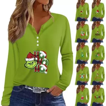 Женская футболка с рождественским принтом на пуговицах с длинным рукавом, повседневная, выходного дня, модная, базовая, с V-образным вырезом, обычная XL