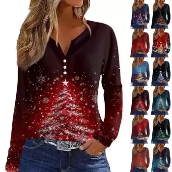 Женская футболка с рождественским принтом на пуговицах с длинным рукавом, повседневная, выходного дня, модная, базовая, с V-образным вырезом, обычная L чёрный