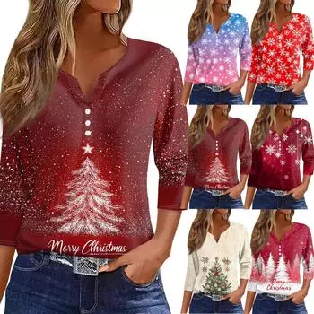 Женская футболка с рождественским принтом, на пуговицах, рукав 3/4, повседневная, выходного дня, модная, базовая, с V-образным вырезом, стандартный топ S