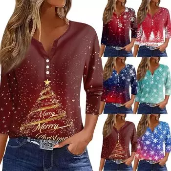 Женская футболка с рождественским принтом, на пуговицах, рукав 3/4, повседневная, выходного дня, модная, базовая, с V-образным вырезом, стандартный топ XL
