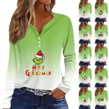 Женская футболка с рождественским принтом на пуговицах с длинным рукавом, повседневная, выходного дня, модная, базовая, с V-образным вырезом, обычная XXXL зелёный