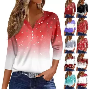 Женская футболка с рождественским принтом, на пуговицах, рукав 3/4, повседневная мода на выходные, базовый топ с V-образным вырезом L фиолетовый