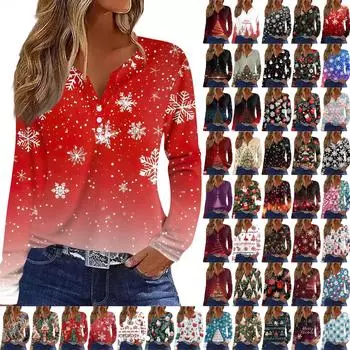 Женская футболка с рождественским принтом на пуговицах с длинным рукавом, повседневная, выходного дня, модная, базовая, с V-образным вырезом, обычная L синий
