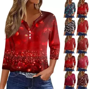 Женская футболка с рождественским принтом, на пуговицах, рукав 3/4, повседневная мода на выходные, базовый топ с V-образным вырезом XXXL киноварь