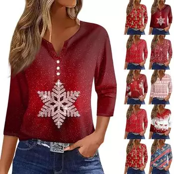 Женская футболка с рождественским принтом, на пуговицах, рукав 3/4, повседневная мода на выходные, базовый топ с V-образным вырезом XXXL винный