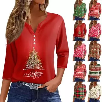 Женская футболка с рождественским принтом, на пуговицах, рукав 3/4, повседневная мода на выходные, базовый топ с V-образным вырезом L