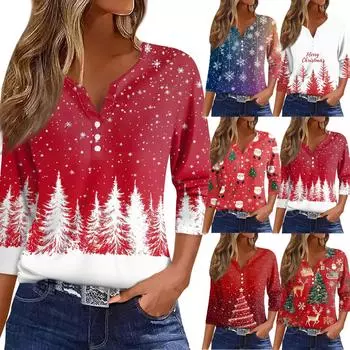 Женская футболка с рождественским принтом, на пуговицах, рукав 3/4, повседневная, выходного дня, модная, базовая, с V-образным вырезом, стандартный топ L киноварь