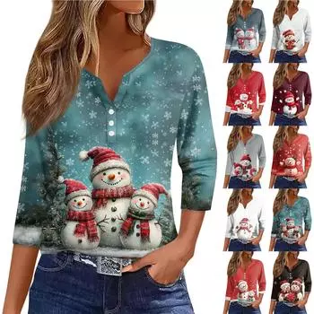 Женская футболка с рождественским принтом, на пуговицах, рукав 3/4, повседневная мода на выходные, базовый топ с V-образным вырезом XXL зелёный