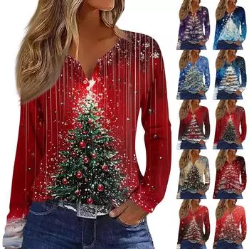 Женская футболка с рождественским принтом на пуговицах с длинным рукавом, повседневная, выходного дня, модная, базовая, с V-образным вырезом, обычная L фиолетовый