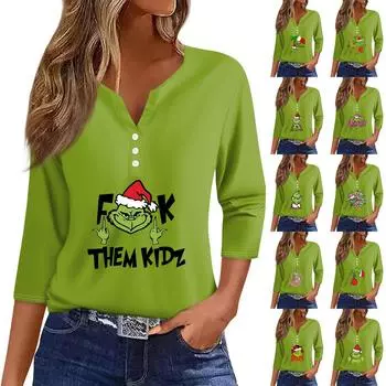 Женская футболка с рождественским принтом, на пуговицах, рукав 3/4, повседневная мода на выходные, базовый топ с V-образным вырезом L розовый