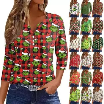 Женская футболка с рождественским принтом, пуговицами, рукавом 3/4, вязаный свитер, повседневный, модный, с V-образным вырезом, обычный топ L