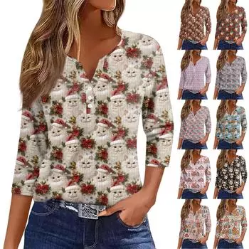 Женская футболка с рождественским принтом, пуговицами, рукавом 3/4, вязаный свитер, повседневный, модный, с V-образным вырезом, обычный топ M бежевый