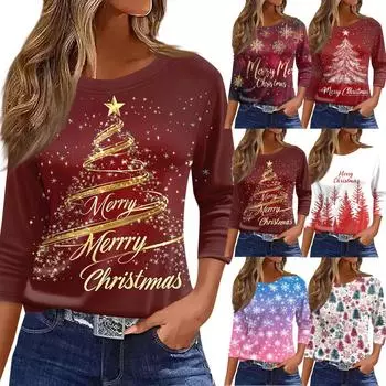 Женская футболка с рождественским принтом, рукав 3/4, повседневная, модная, на выходные, базовая, с круглым вырезом, стандартный топ M фиолетовый